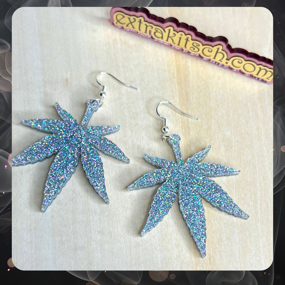 420 Leaf Earrings - Silver Glitter
